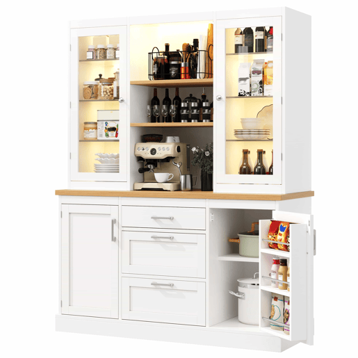 Armário de cozinha 185 x 140 x 40 cm - iluminação LED com controlo por aplicação, 3 gavetas, bancada, prateleiras ajustáveis - branco Armário de cozinha 185 x 140 x 40 cm - iluminação LED com controlo por aplicação, 3 gavetas, bancada, prateleiras ajustáveis - branco