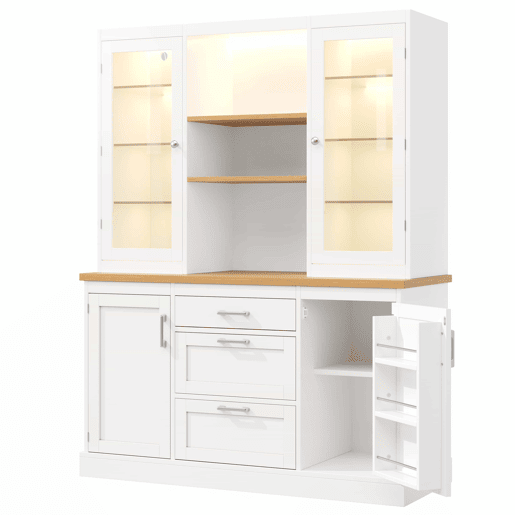 Armário de cozinha 185 x 140 x 40 cm - iluminação LED com controlo por aplicação, 3 gavetas, bancada, prateleiras ajustáveis - branco Armário de cozinha 185 x 140 x 40 cm - iluminação LED com controlo por aplicação, 3 gavetas, bancada, prateleiras ajustáveis - branco