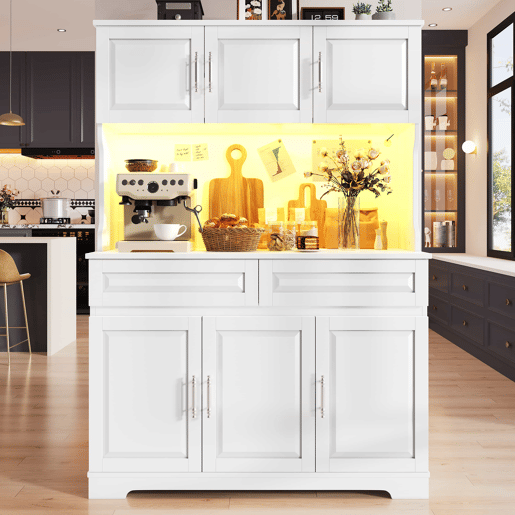 Armário de cozinha alto 108 x 40 x 180 cm - controlo por aplicação, prateleiras ajustáveis, amplo espaço de arrumação, superfície de trabalho, iluminação LED - branco