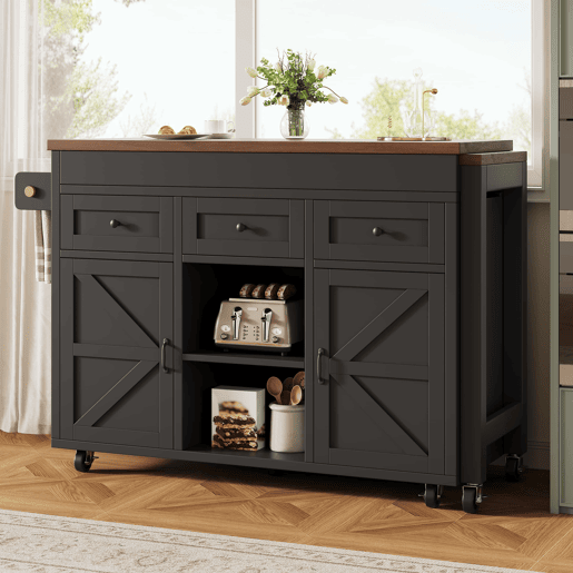 Ilha de cozinha multifuncional com mesa extensível e balcão (131,5-210 cm) u2013 giratória a 360°, com gavetas e armários, bancada versátil u2013 preto
