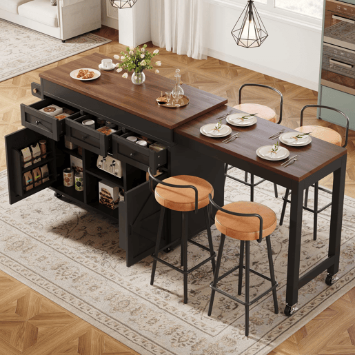Ilha de cozinha multifuncional com mesa extensível e balcão (131,5-210 cm) u2013 giratória a 360°, com gavetas e armários, bancada versátil u2013 preto