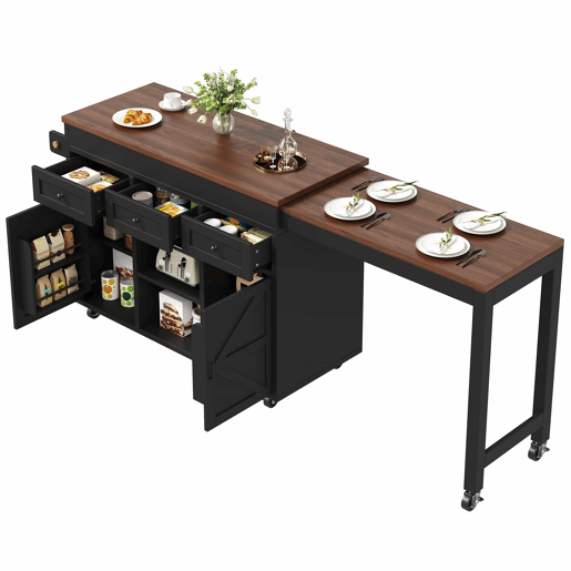 Ilha de cozinha multifuncional com mesa extensível e balcão (131,5-210 cm) u2013 giratória a 360°, com gavetas e armários, bancada versátil u2013 preto