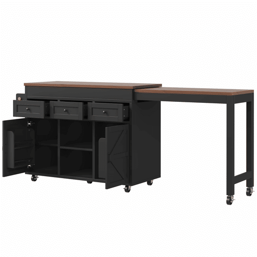 Ilha de cozinha multifuncional com mesa extensível e balcão (131,5-210 cm) u2013 giratória a 360°, com gavetas e armários, bancada versátil u2013 preto