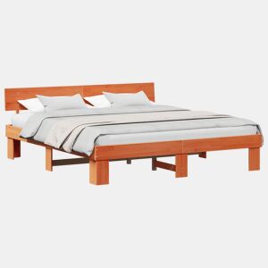 Estrutura de cama de casal simple com cabeceira - Marrom Cera 200 x 200 cm
