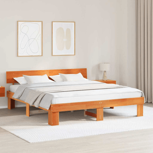 Estrutura de cama de casal simple com cabeceira - Marrom Cera 200 x 200 cm Estrutura de cama de casal simple com cabeceira - Marrom Cera 200 x 200 cm