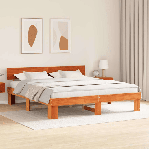 Estrutura de cama de casal simple com cabeceira - Marrom Cera 200 x 200 cm Estrutura de cama de casal simple com cabeceira - Marrom Cera 200 x 200 cm