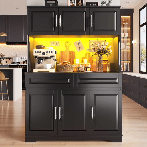 Armário de cozinha 108 x 40 x 180 cm u2013 com iluminação LED, controlo por aplicação, prateleiras ajustáveis e bancada u2013 preto