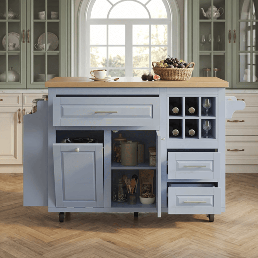Carrinho de cozinha ergonómico sem dimensões específicas - com gavetas, porta-garrafas extraível, prateleira lateral para snacks e espaço para cesto do lixo - Azul