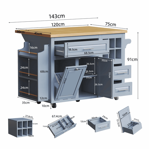 Carrinho de cozinha ergonómico sem dimensões específicas - com gavetas, porta-garrafas extraível, prateleira lateral para snacks e espaço para cesto do lixo - Azul