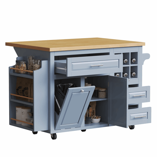 Carrinho de cozinha ergonómico sem dimensões específicas - com gavetas, porta-garrafas extraível, prateleira lateral para snacks e espaço para cesto do lixo - Azul
