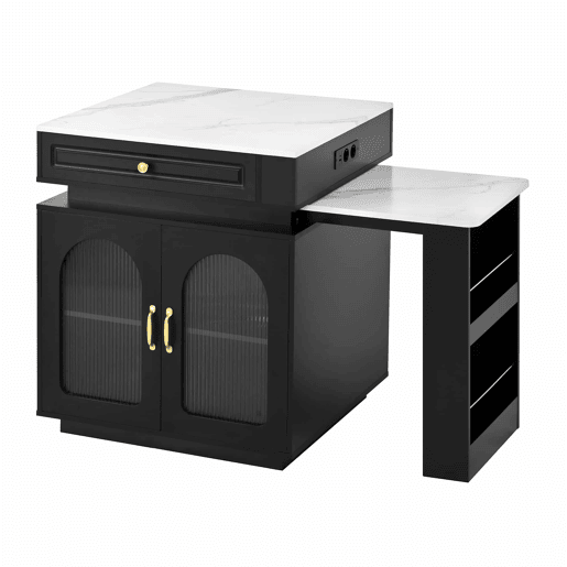 Ilha de cozinha com rodízios - mesa extensível com luz LED, barra com tomadas, multifuncional para cozinha e sala de jantar - Preto Ilha de cozinha com rodízios - mesa extensível com luz LED, barra com tomadas, multifuncional para cozinha e sala de jantar - Preto