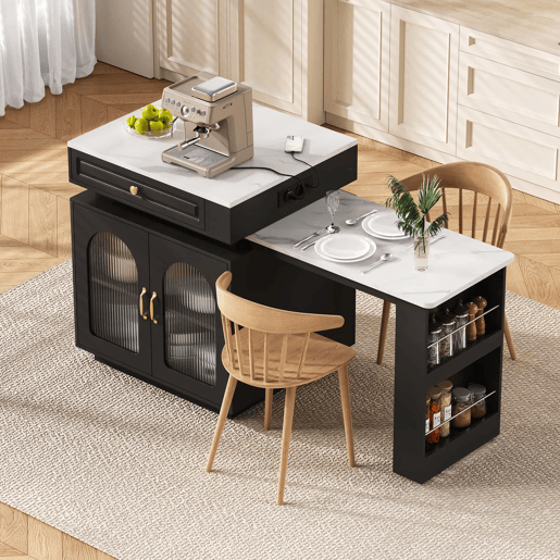 Ilha de cozinha com rodízios - mesa extensível com luz LED, barra com tomadas, multifuncional para cozinha e sala de jantar - Preto Ilha de cozinha com rodízios - mesa extensível com luz LED, barra com tomadas, multifuncional para cozinha e sala de jantar - Preto
