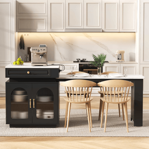 Ilha de cozinha com rodízios - mesa extensível com luz LED, barra com tomadas, multifuncional para cozinha e sala de jantar - Preto Ilha de cozinha com rodízios - mesa extensível com luz LED, barra com tomadas, multifuncional para cozinha e sala de jantar - Preto