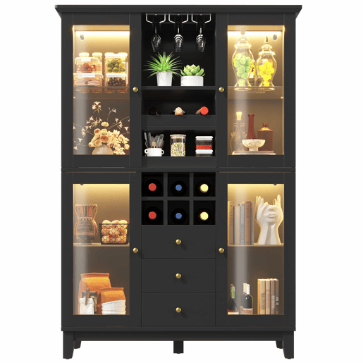 Adega 180,5 x 120 x 40 cm - iluminação LED controlada por aplicação, 3 gavetas, suporte para copos e garrafas - preto