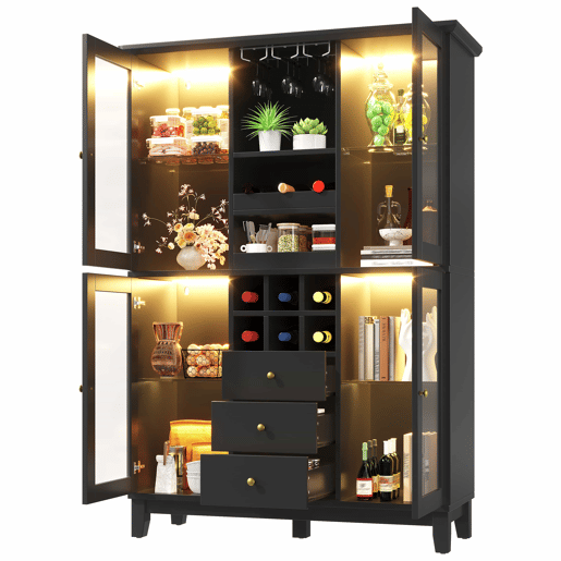 Adega 180,5 x 120 x 40 cm - iluminação LED controlada por aplicação, 3 gavetas, suporte para copos e garrafas - preto