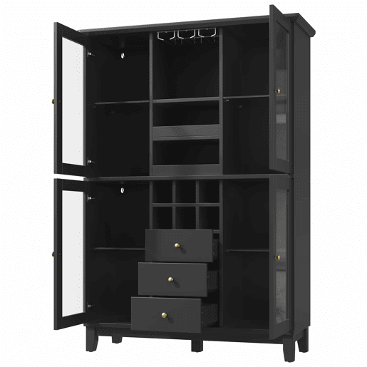 Adega 180,5 x 120 x 40 cm - iluminação LED controlada por aplicação, 3 gavetas, suporte para copos e garrafas - preto