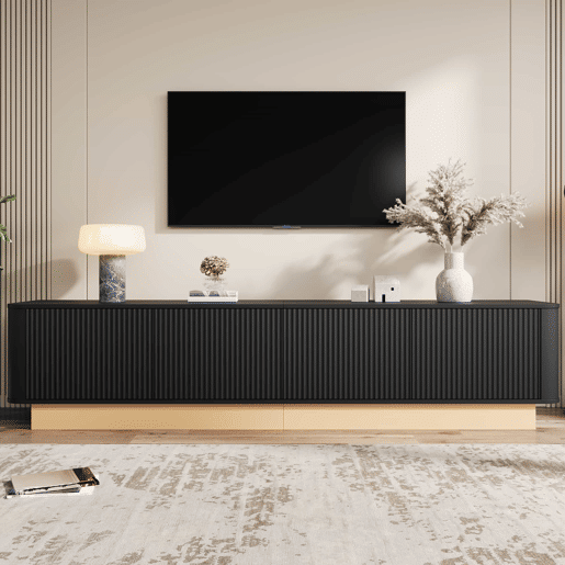 Móvel para TV de 200 cm - design canelado, 4 portas, grande capacidade de arrumação, prateleiras com altura ajustável, cantos arredondados, estilo minimalista moderno, MDF - preto Móvel para TV de 200 cm - design canelado, 4 portas, grande capacidade de arrumação, prateleiras com altura ajustável, cantos arredondados, estilo minimalista moderno, MDF - preto
