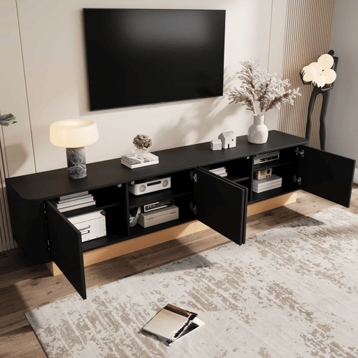 Móvel para TV de 200 cm - design canelado, 4 portas, grande capacidade de arrumação, prateleiras com altura ajustável, cantos arredondados, estilo minimalista moderno, MDF - preto Móvel para TV de 200 cm - design canelado, 4 portas, grande capacidade de arrumação, prateleiras com altura ajustável, cantos arredondados, estilo minimalista moderno, MDF - preto