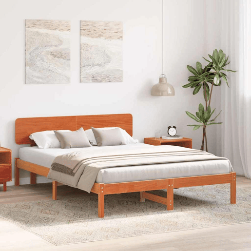 Estrutura de cama de casal simple com cabeceira - Marrom Cera 160 x 200 cm