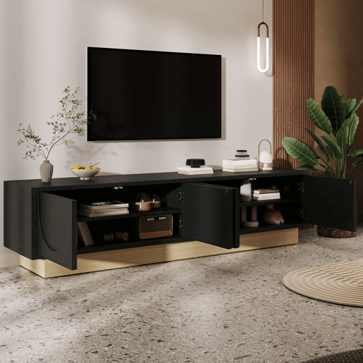 Móvel para TV de 175 cm - design moderno e minimalista com linhas curvas e veios de madeira, amplo espaço de arrumação e organização de cabos - preto