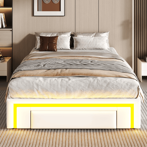 Cama 90x200 - com gavetas, sem cabeceira, LED, plataforma metálica, PU - Branco