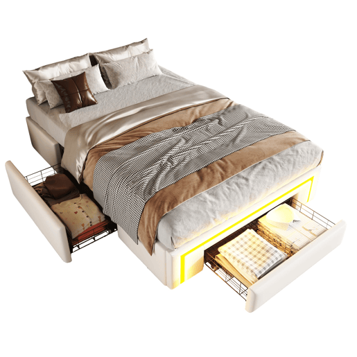 Cama 90x200 - com gavetas, sem cabeceira, LED, plataforma metálica, PU - Branco