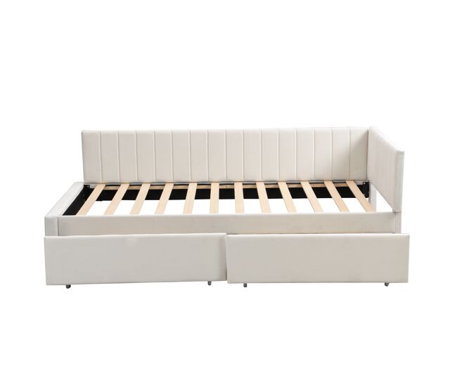 Sofá cama tapizado en terciopelo 90x200 cm - con 2 cajones grandes y somier de láminas - blanco