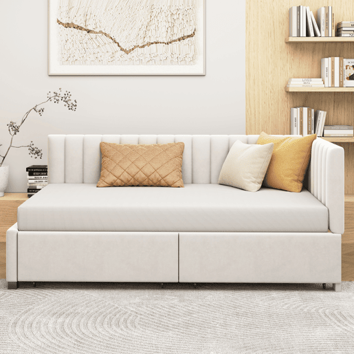Sofá-cama estofado em veludo 90x200 cm - com 2 gavetas grandes e estrado de ripas - Branco