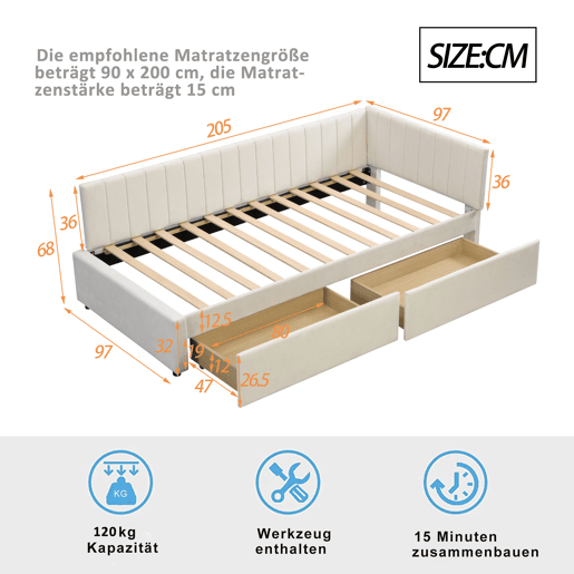 Sofá-cama estofado em veludo 90x200 cm - com 2 gavetas grandes e estrado de ripas - Branco