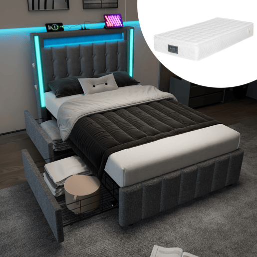 Cama estofada 90x200 cm - função USB Tipo C, iluminação LED e 2 gavetas - Cinza