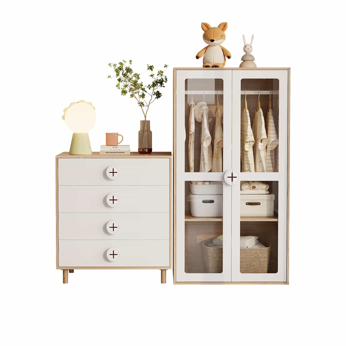 Armario combinado - armario + cómoda + mesitas de noche, set de muebles de dormitorio, tableros lacados y aglomerado - blanco