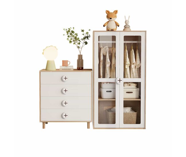 Armario combinado - armario + cómoda + mesitas de noche, set de muebles de dormitorio, tableros lacados y aglomerado - blanco
