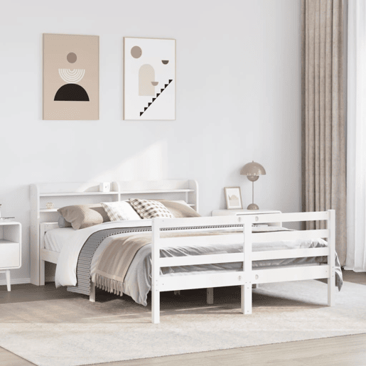 Estrutura De Cama De Casal c cabeceira - 150x200 cm pinho maciço branco Estrutura De Cama De Casal c cabeceira - 150x200 cm pinho maciço branco
