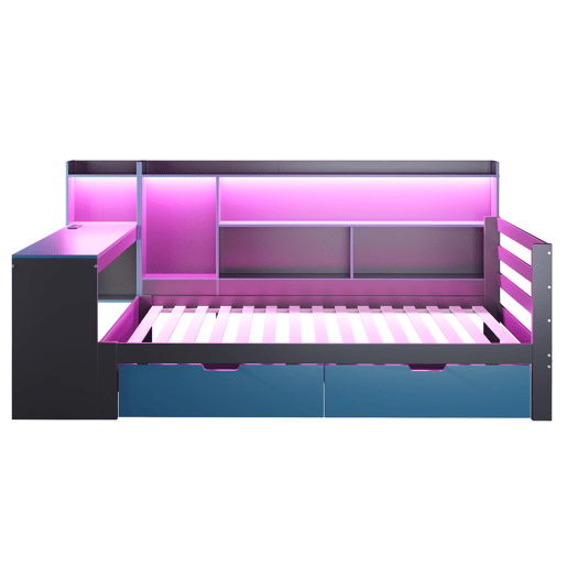 Sofá-cama de madeira 90x200 - Secretária, prateleiras, arrumação, iluminação, multifuncional - Preto+Azul