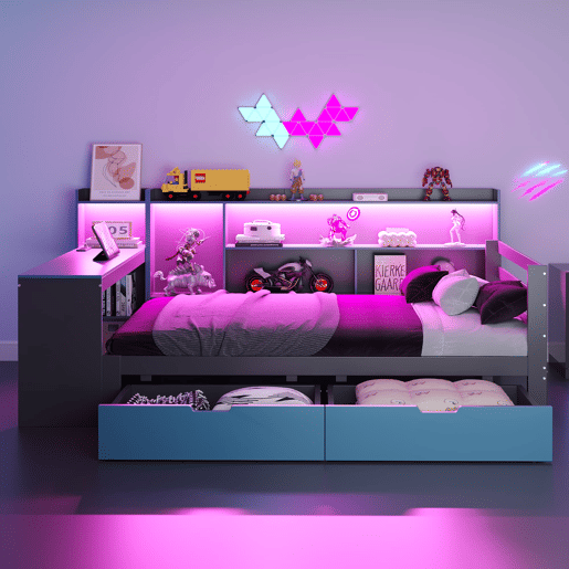 Sofá-cama de madeira 90x200 - Secretária, prateleiras, arrumação, iluminação, multifuncional - Preto+Azul