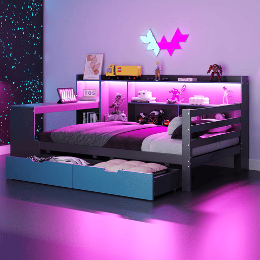 Sofá-cama de madeira 90x200 - Secretária, prateleiras, arrumação, iluminação, multifuncional - Preto+Azul