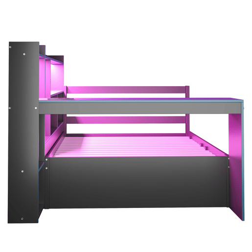 Sofá-cama de madeira 90x200 - Secretária, prateleiras, arrumação, iluminação, multifuncional - Preto+Azul