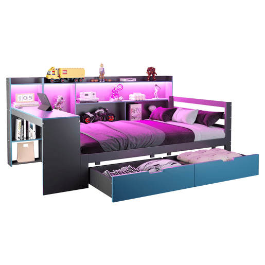 Sofá-cama de madeira 90x200 - Secretária, prateleiras, arrumação, iluminação, multifuncional - Preto+Azul