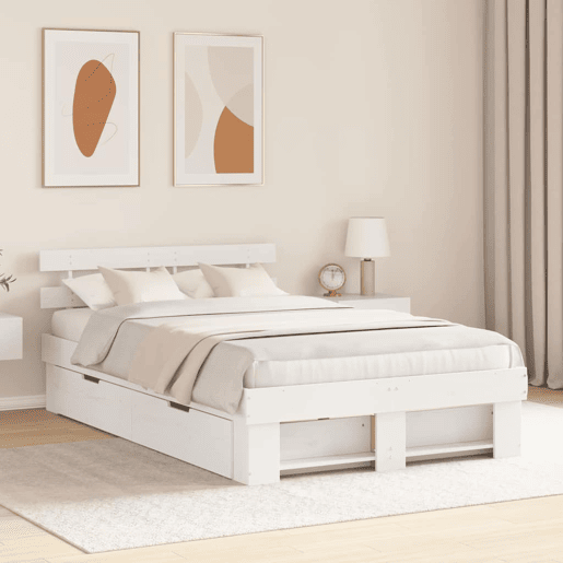 Estrutura da Cama de casal moderno para adultos com cabeceira com gaveta Branco 140 x 190 cm