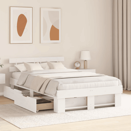 Estrutura da Cama de casal moderno para adultos com cabeceira com gaveta Branco 140 x 190 cm