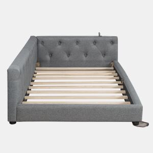 Sofá-cama 90x200 cm - com estrado, sem colchão, iluminação ambiente com comando, cabeceira capitoné, USB+Tipo-C, linho - cinzento