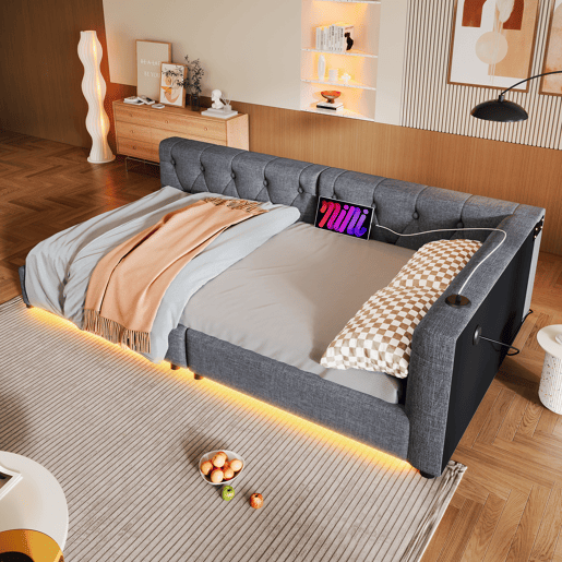 Sofá-cama 90x200 cm - com estrado, sem colchão, iluminação ambiente com comando, cabeceira capitoné, USB+Tipo-C, linho - cinzento