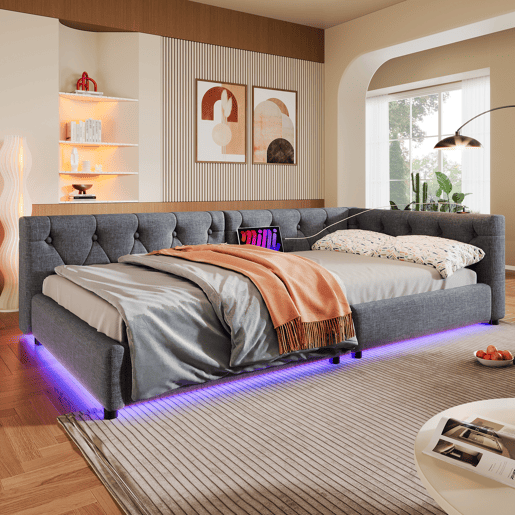 Sofá-cama 90x200 cm - com estrado, sem colchão, iluminação ambiente com comando, cabeceira capitoné, USB+Tipo-C, linho - cinzento