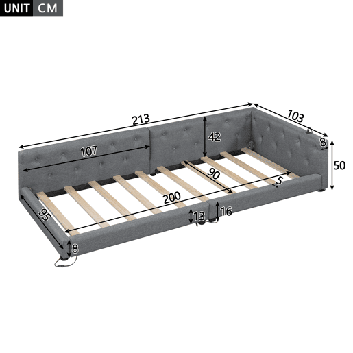 Sofá-cama 90x200 cm - com estrado, sem colchão, iluminação ambiente com comando, cabeceira capitoné, USB+Tipo-C, linho - cinzento