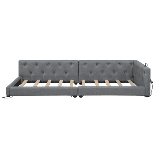 Sofá-cama 90x200 cm - com estrado, sem colchão, iluminação ambiente com comando, cabeceira capitoné, USB+Tipo-C, linho - cinzento