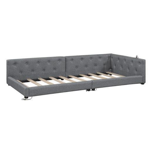 Sofá-cama 90x200 cm - com estrado, sem colchão, iluminação ambiente com comando, cabeceira capitoné, USB+Tipo-C, linho - cinzento