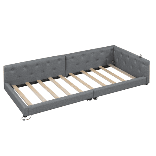Sofá-cama 90x200 cm - com estrado, sem colchão, iluminação ambiente com comando, cabeceira capitoné, USB+Tipo-C, linho - cinzento