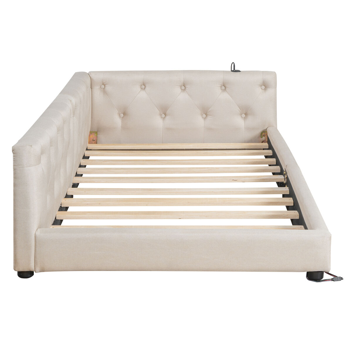 Sofá cama 90x200 cm - con somier, sin colchón, iluminación ambiental con mando, cabecero capitoné, usb+tipo-c, lino - beige