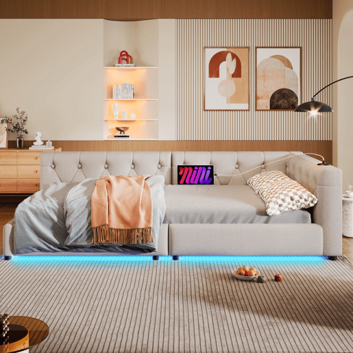 Sofá-cama 90x200 cm - com estrado, sem colchão, iluminação ambiente com comando, cabeceira acolchoada, USB+Tipo-C, linho - bege