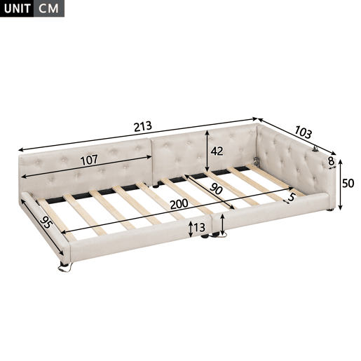Sofá-cama 90x200 cm - com estrado, sem colchão, iluminação ambiente com comando, cabeceira acolchoada, USB+Tipo-C, linho - bege